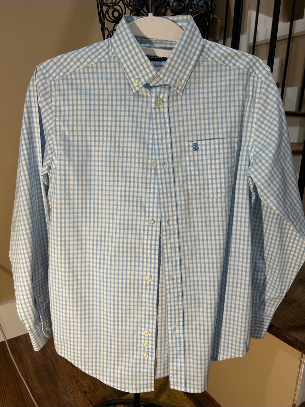 Izod Boys M 8-10 Light Blue & White Gingham Button-Down Shirt